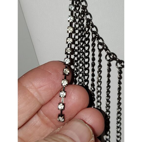 A Gunmetal Rhinestone Necklace Fringe Chain Butterfly Steampunk Boho Fairy Core - Picture 3 of 9